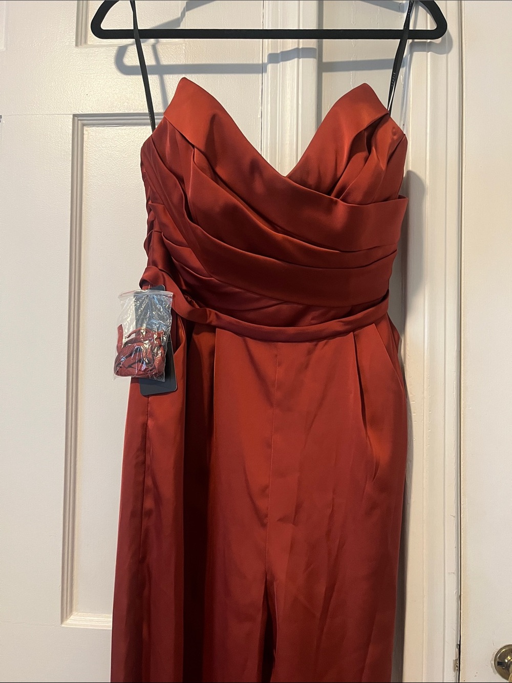 Azazie Terracotta Satin Strapless Jumpsuit